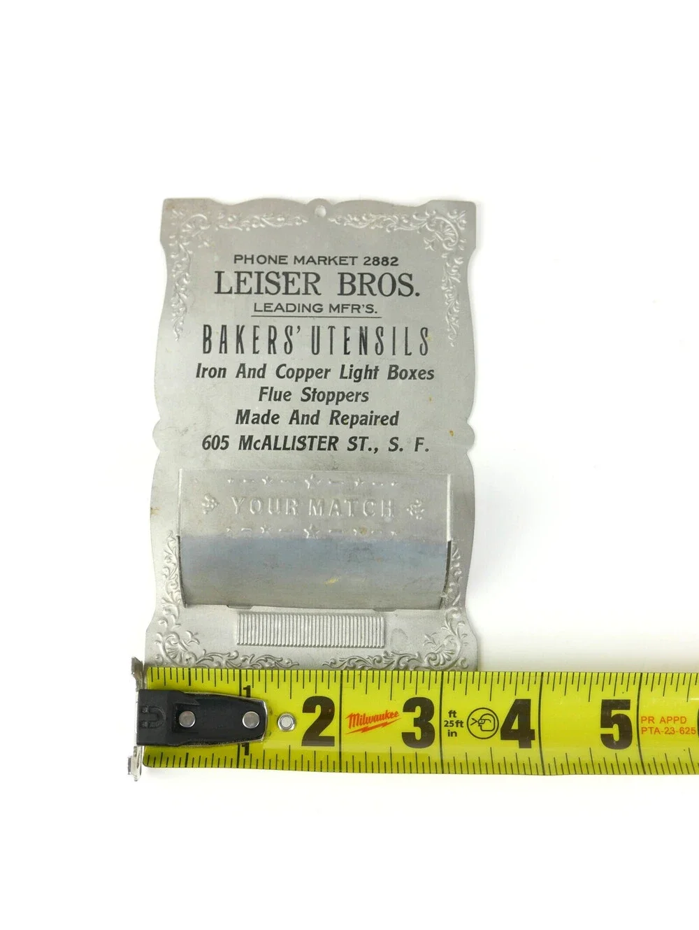 Antique Leiser Bros San Francisco Tin Wall Match Holder Striker Box Safe 1910s